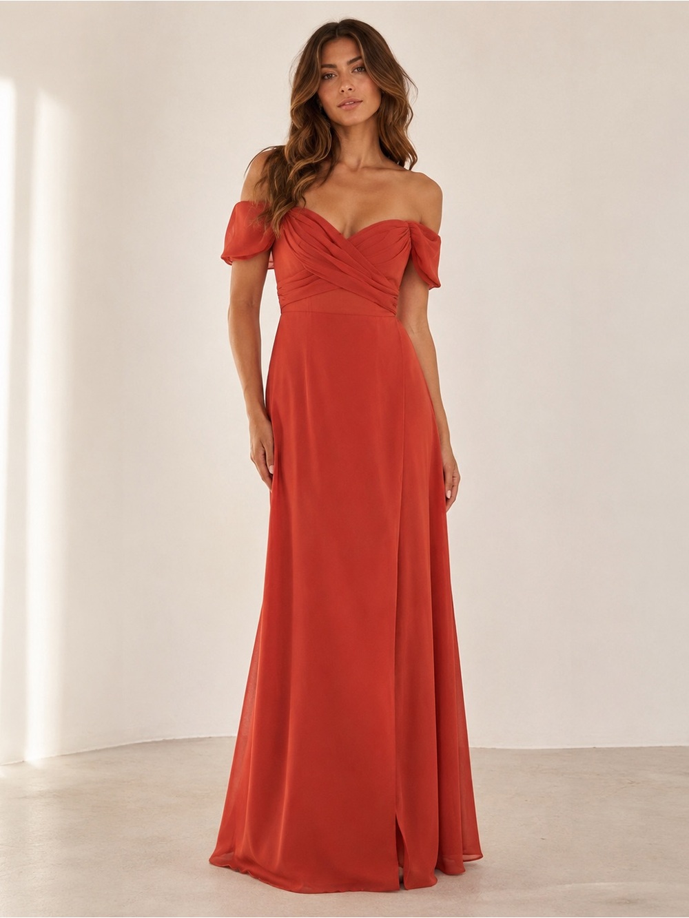 Azazie bridesmaids dress in terracotta / red orange